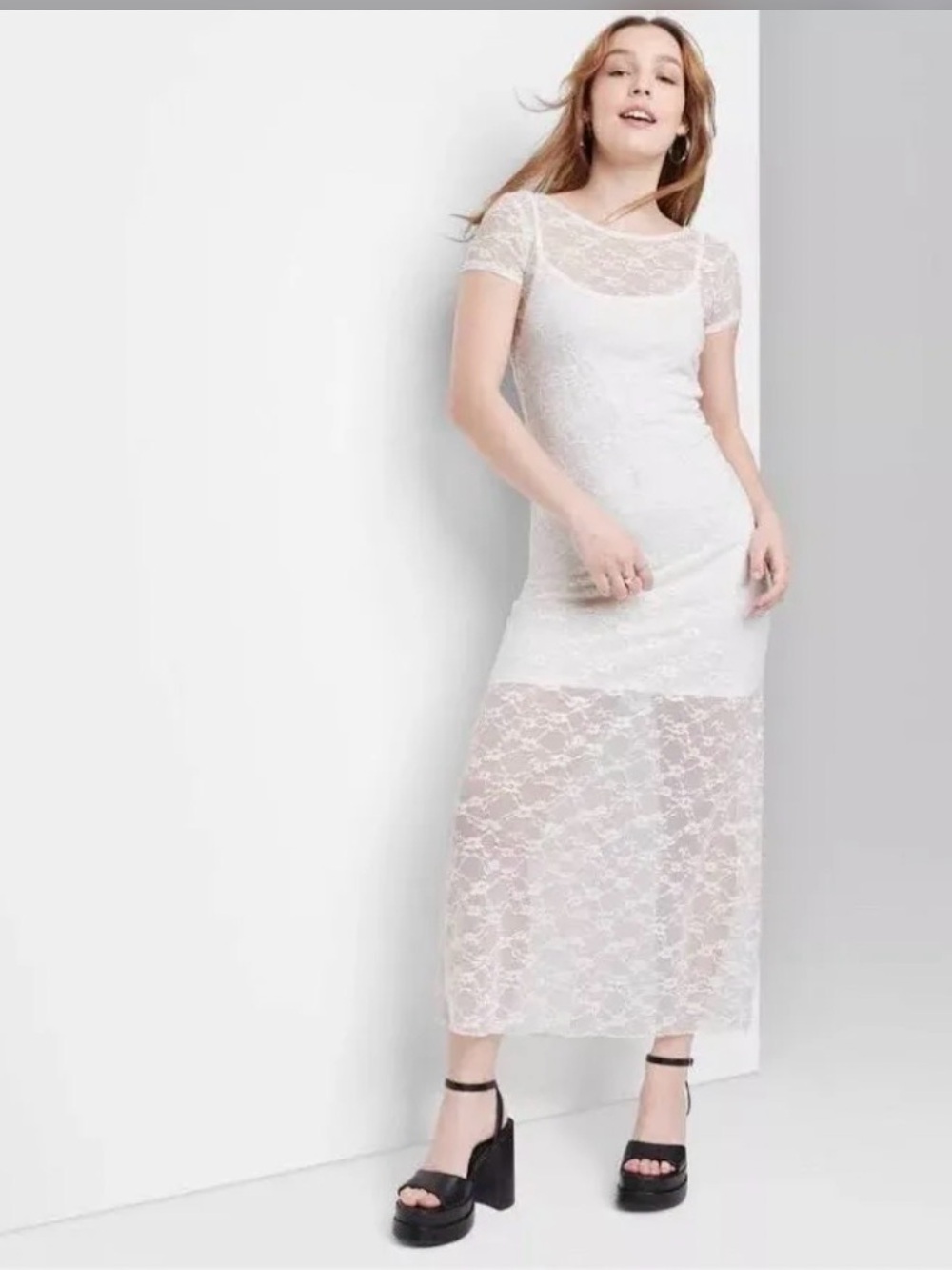 wild fable size S White Lace Maxi Dress with Short Sleeves